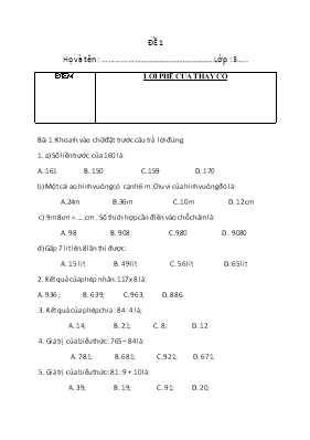 10 Đề kiểm tra học kì I môn Toán lớp 3